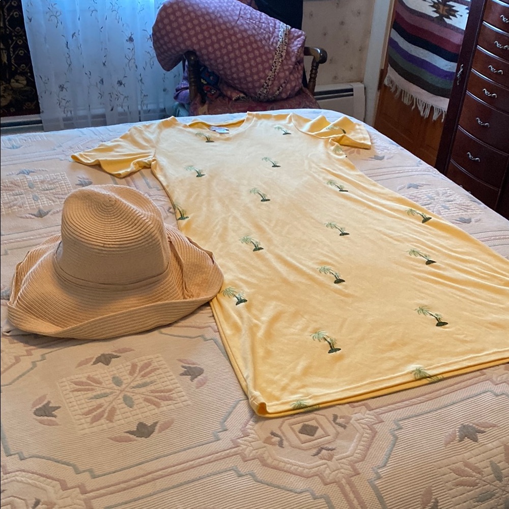 Yellow embroidered Palm Tree dress with wide brimmed sun hat